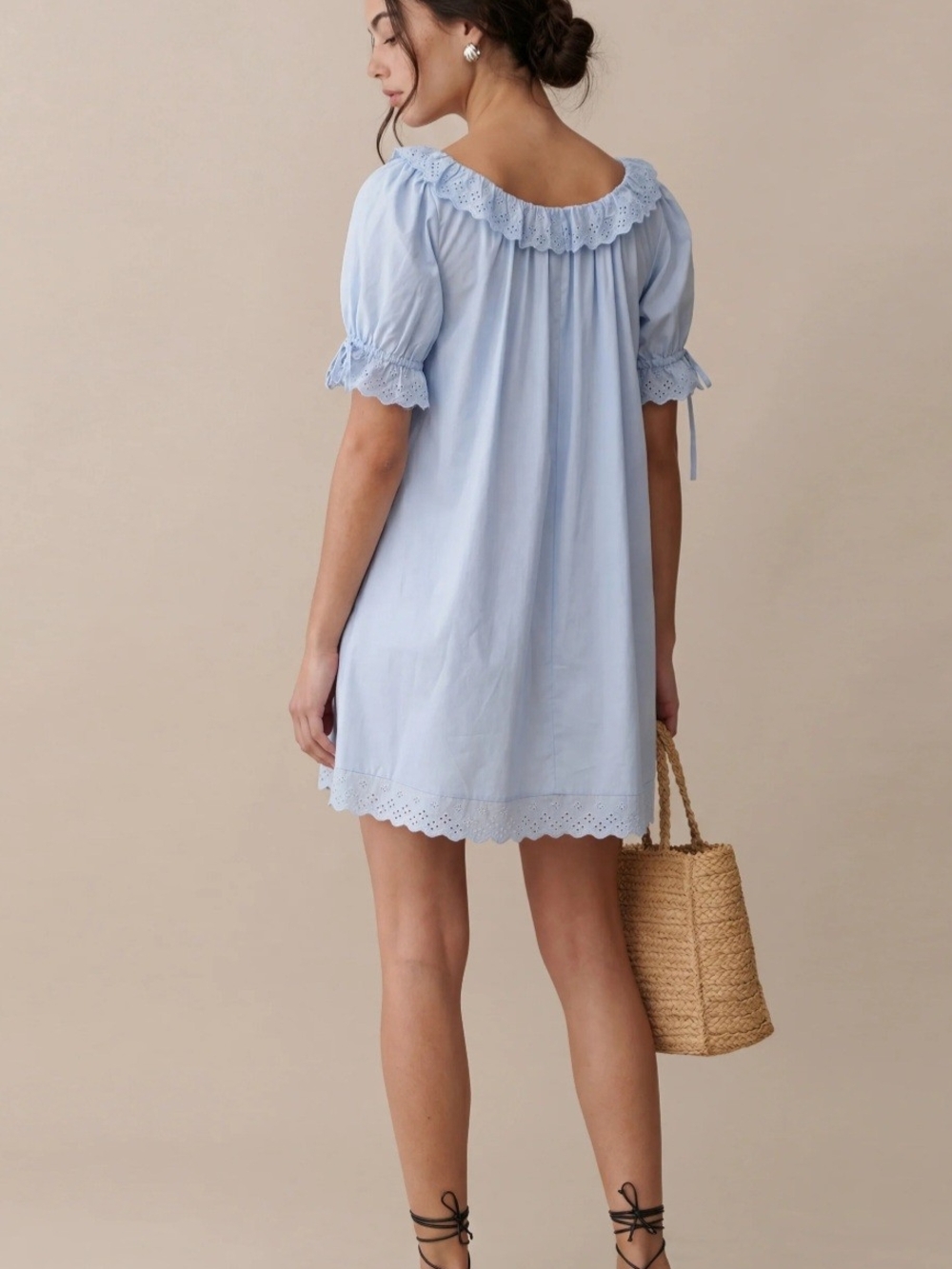 Kourt Sundress In Light Blue Lace-Trim Puff Sleeve Mini Dress - Picture 4 of 10